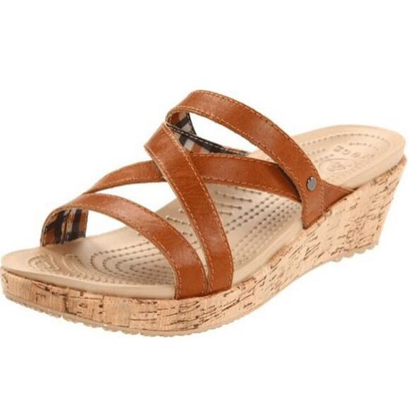 Crocs A Leigh Mini Wedge Leather Slides Strappy Sandals Logo Cork Heels Brown 10 - Picture 1 of 6